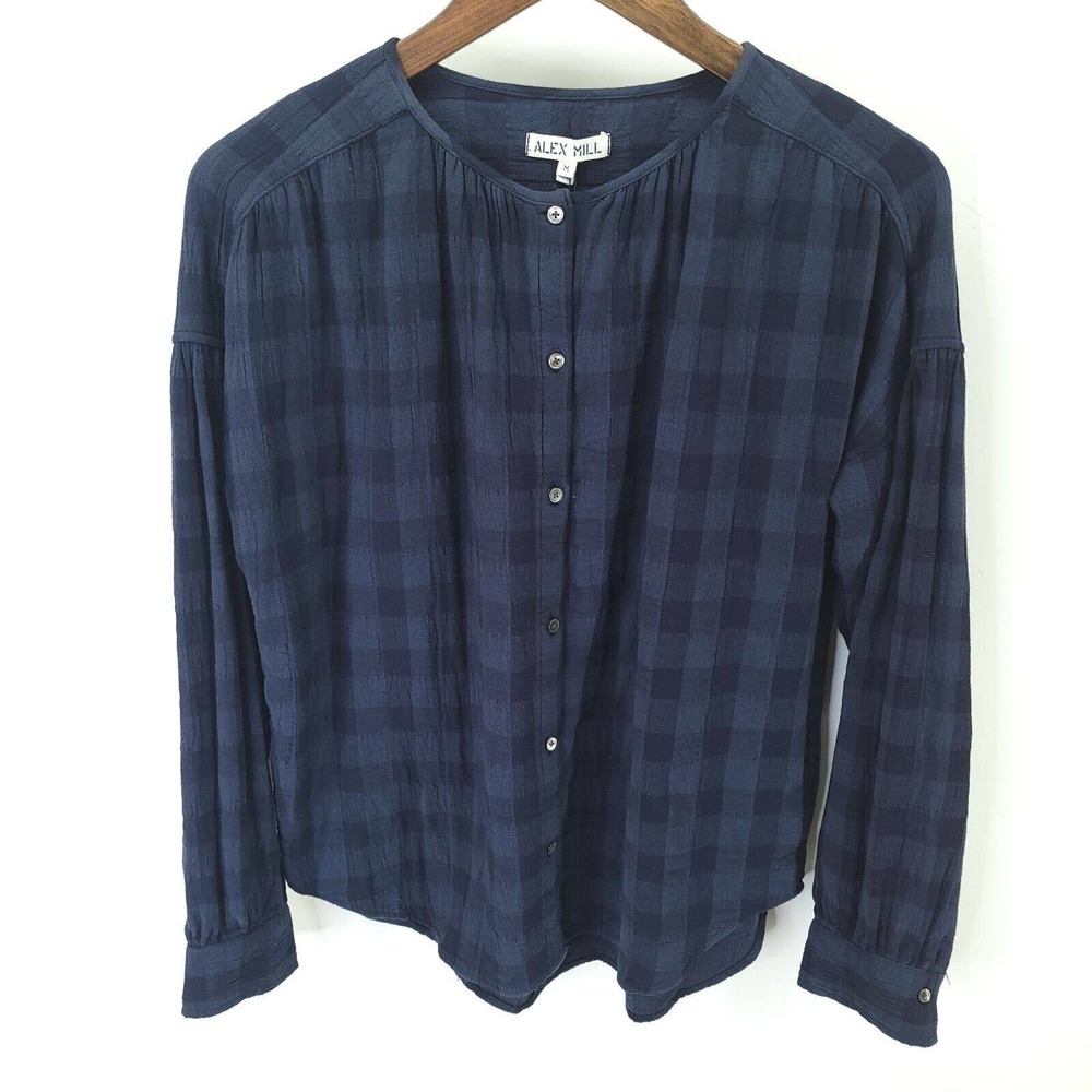 Alex Mill Top Womens Medium Plaid Navy Button Up Long Sleeve Collarless Casual